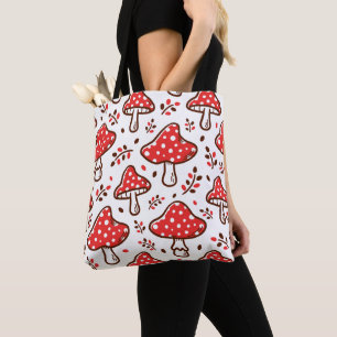 Bolsa Tote Cogumelos vermelhos e brancos, atrativos pela mão