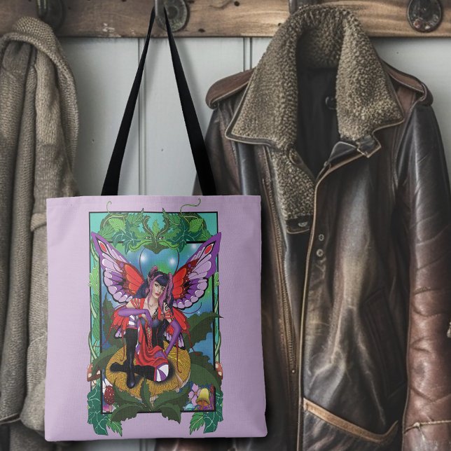 Bolsa Tote Cogumelos vermelhos roxos e fadas (Criador carregado)