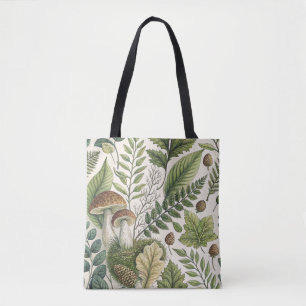 Bolsa Tote Cogumelos Woodland Pinecones Ferns Padrão de Outon