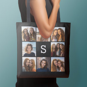 Bolsa Tote Colagem de Fotos 8 Preto Branco Monograma Personal