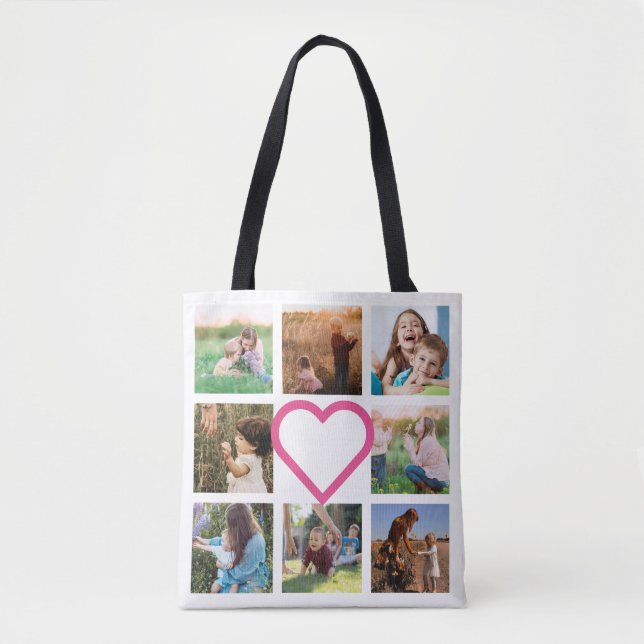 Bolsa Tote Colagem de Fotos da Família Mãe Coração Rosa (Frente)