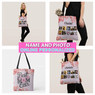 Bolsa Tote Colagem de Fotos da Mãe Floral Script Melhor Mãe d