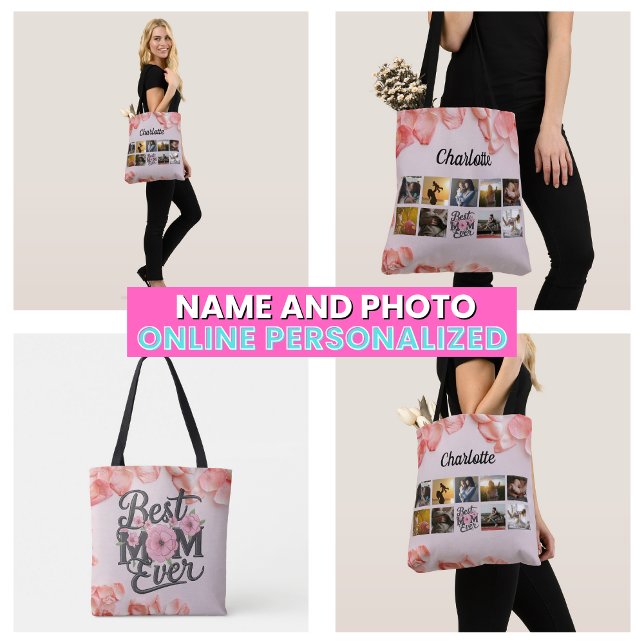 Bolsa Tote Colagem de Fotos da Mãe Floral Script Melhor Mãe d (Floral Mother's Photo Collage Script Best Mom Ever Tote Bag)