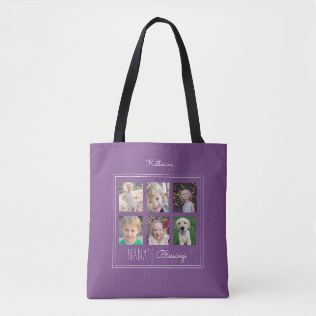 Bolsa Tote Colagem de Fotos de Bênçãos de Nana | Roxo (Frente)
