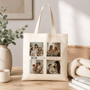 Bolsa Tote Colagem de Fotos de Super-Heroi Mãe Personalizada