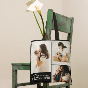 Bolsa Tote Colagem de fotos moderna Dia das Mães Preto e Br