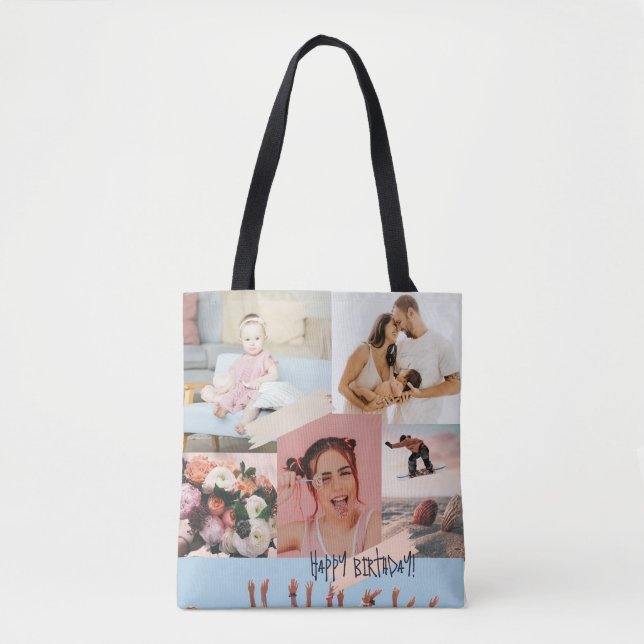 Bolsa Tote Colagem de fotos modernas Feliz aniversário (Frente)