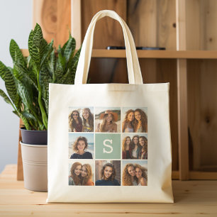Bolsa Tote Colagem de Fotos Monograma Personalizado Verde Men