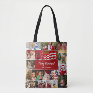 Bolsa Tote Colagem de Fotos no Natal 15 com Nome da Família V