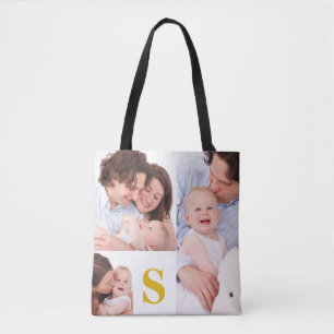 Bolsa Tote Colagem de Fotos Personalizada da Família 3 Monogr