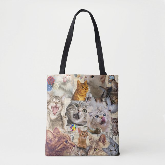 Bolsa Tote Colagem de Gatos e Brinquedos (Frente)