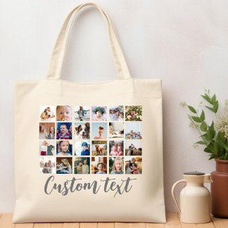 Bolsa Tote Colagem de grade de fotos de tendências texto pers