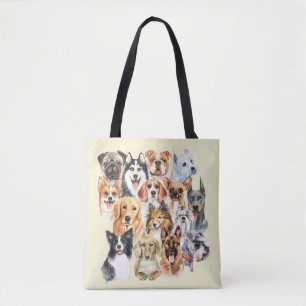 Bolsa Tote Colagem de Raças de Cachorros de Aquarela