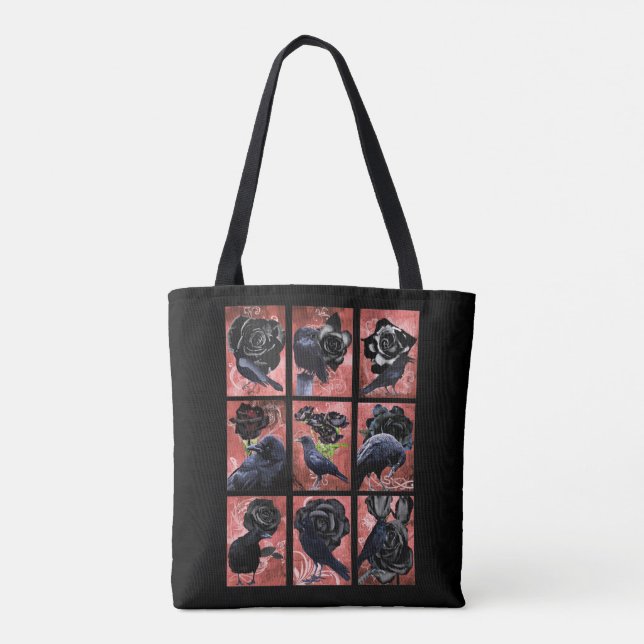 Bolsa Tote Colagem de rosas negros e corvos de arte gótica (Verso)