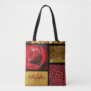 Bolsa Tote Colagem Dourado do leopardo do brilho da rosa