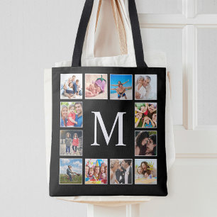 Bolsa Tote Colagem Personalizada de Fotos da Família em Preto