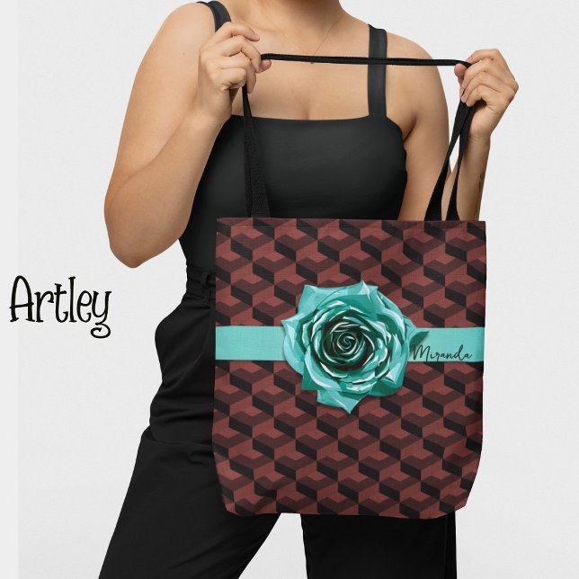 Bolsa Tote Colar de Rosa Geométrica Retro Moderno com Nome Pe (Criador carregado)