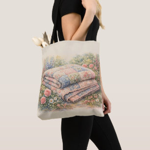 Bolsa Tote Colcha de Remendo Floral Cottagecore Aquarela