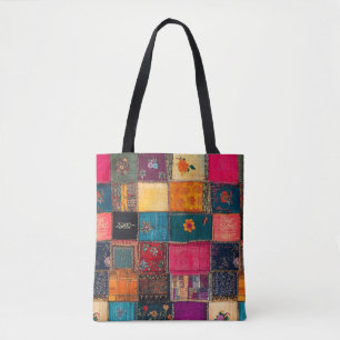 Bolsa Tote Colcha Vibrante de Retalhos com Florais Clássicos