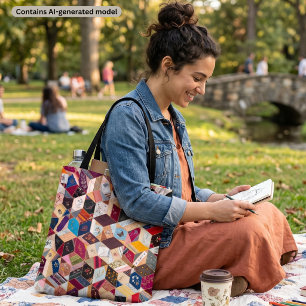 Bolsa Tote Colcha Xadrez Vintage de Hexágonos