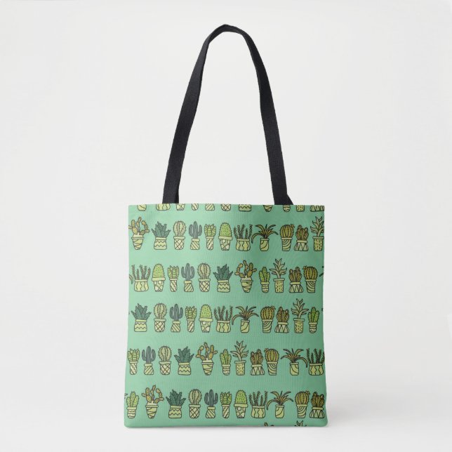 Bolsa Tote Coleção à mão com rabiscos de cacto. Plantas  (Frente)