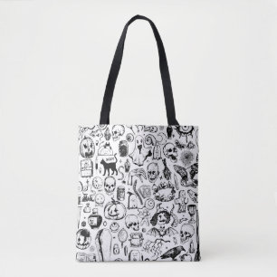 Bolsa Tote Coleção de Doodles Halloween, Estilo Vintage.