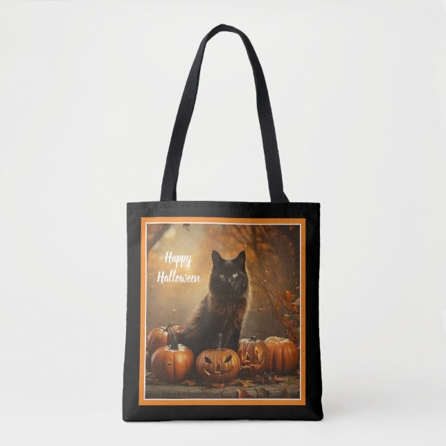 Bolsa Tote Coleção de Gatos Negros Felizes para Halloween (Frente)
