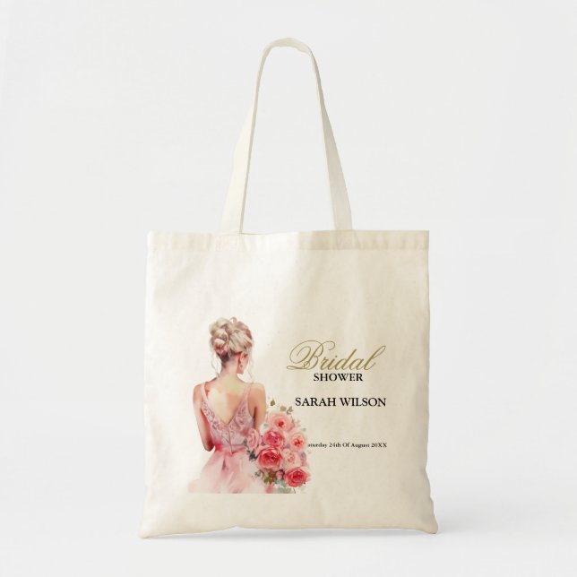 Bolsa Tote Coleção de Vestido de Noiva Aquarela Rosa Floral (Frente)