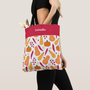 Bolsa Tote Colheita de Padrão Vegetal com Nome Laranja e Ver