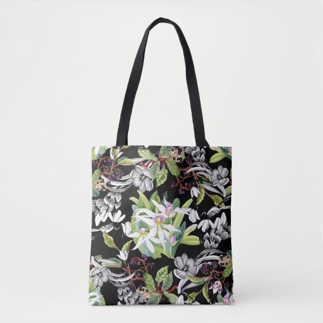Bolsa Tote Colírio e Orquídeas: Padrão Preto Desenhado (Frente)