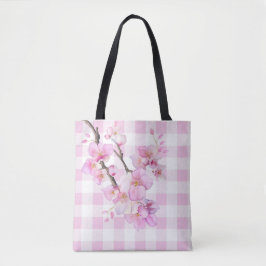 Bolsa Tote Coloração aquosa rosa cereja floresce xadrez gingh