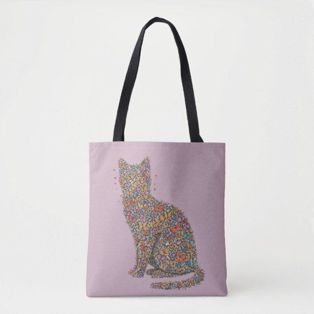 Bolsa Tote Colorful Butterfly Cat Lover Silhouette Art Mauve (Frente)