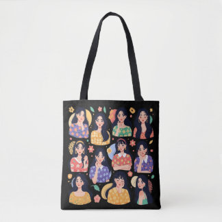 Bolsa Tote Colorful Folk Art Aesthetic Women Portraits 