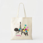 Bolsa Tote Colorful French Macarons Kids Playing Birthday<br><div class="desc">Artistic Birthday design featuring the Eiffel tower silhouette with french macaron clouds and silhouettes of kids playing with colorful French macaron balloons.
Joyful birthday in Paris.
Personalize by changing the text or customize further to add your own touch.</div>