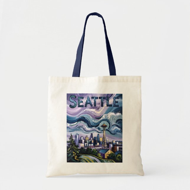 Bolsa Tote Colorful Seattle Skyline Van Gogh Cityscape Travel (Frente)