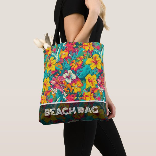 Bolsa Tote Colorful Tropical Flowers Pattern (Close Up)