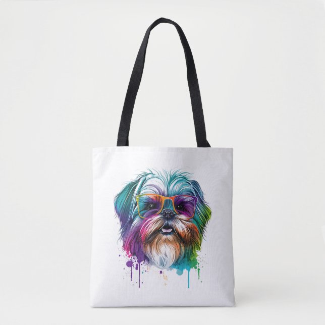 Bolsa Tote Colorida Nerd de Shorkie Kawaii (Frente)