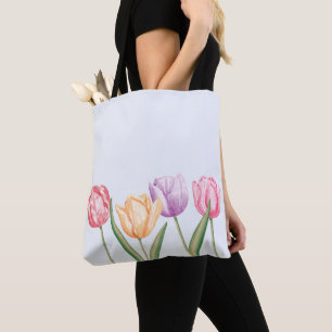 Bolsa Tote Coloridas Flores de Tulipa em Aquarela Sobre Azul