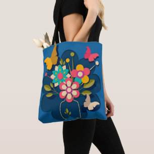 Bolsa Tote Colorido Bela Moderna Ramalhete de Flores no Azul