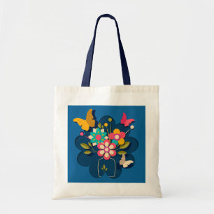 Bolsa Tote Colorido Bela Moderna Ramalhete de Flores no Azul