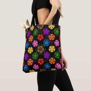 Bolsa Tote Colorido Design de Flores de Arco-íris Retro Preto