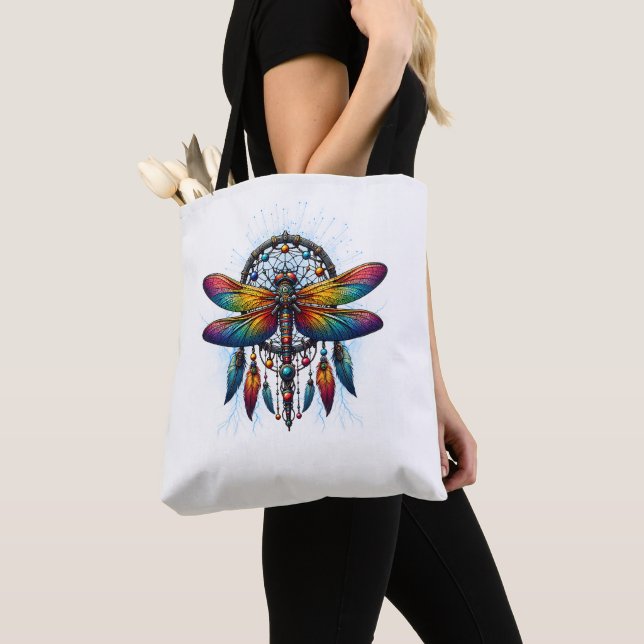 Bolsa Tote Colorido Dreamcatcher de Libélula Psicodélico Boho (Close Up)