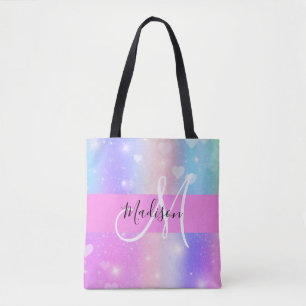 Bolsa Tote Colorido Unicórnio Corações Arco-Íris Monograma Fe
