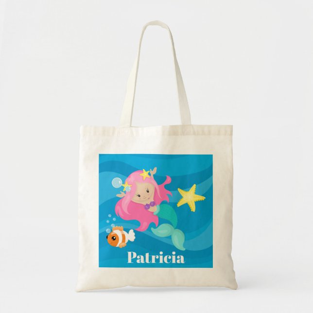 Bolsa Tote Coluna de Mermaid de praia em Cute adiciona nome b (Frente)