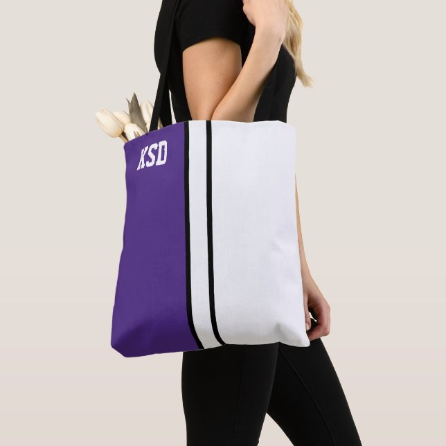 Bolsa Tote Colunas da Faculdade Monograma Roxo e Branco (Close Up)