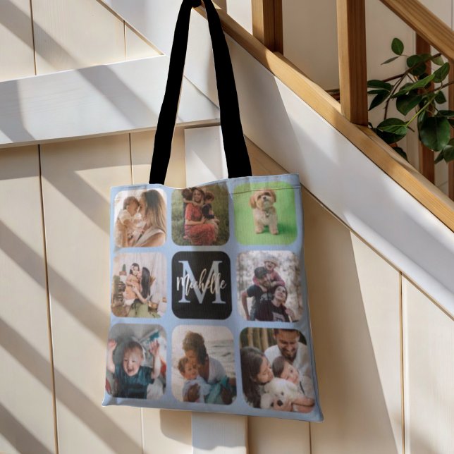 Bolsa Tote com Colagem de Fotos Monogram Blue 8 (Criador carregado)