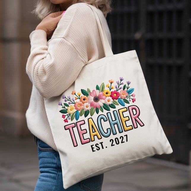 Bolsa Tote com Efeito de Bordado Floral Personaliz (Personalized Wildflower Teacher Tote Bag — Custom Embroidered Effect Gift for Educators & Graduation)