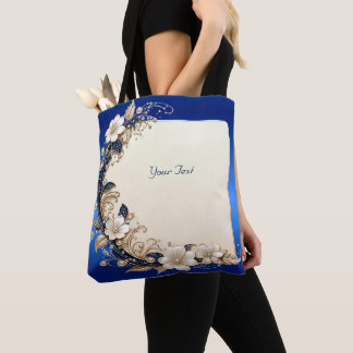 Bolsa Tote com Enfeite Floral Azul Branco