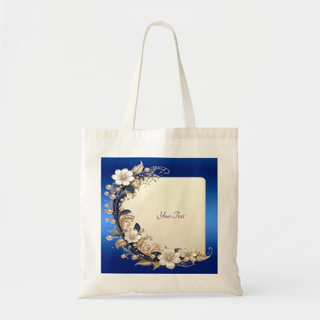 Bolsa Tote com Enfeite Floral Azul Branco (Frente)