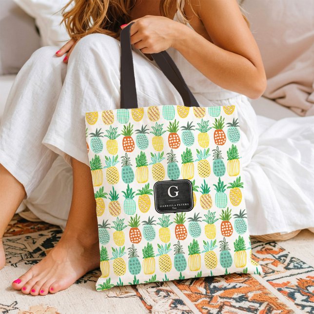 Bolsa Tote com Estampa de Frutas de Verão com Mono (Pineapple Monogram Summer Fruit Pattern Tote bag)